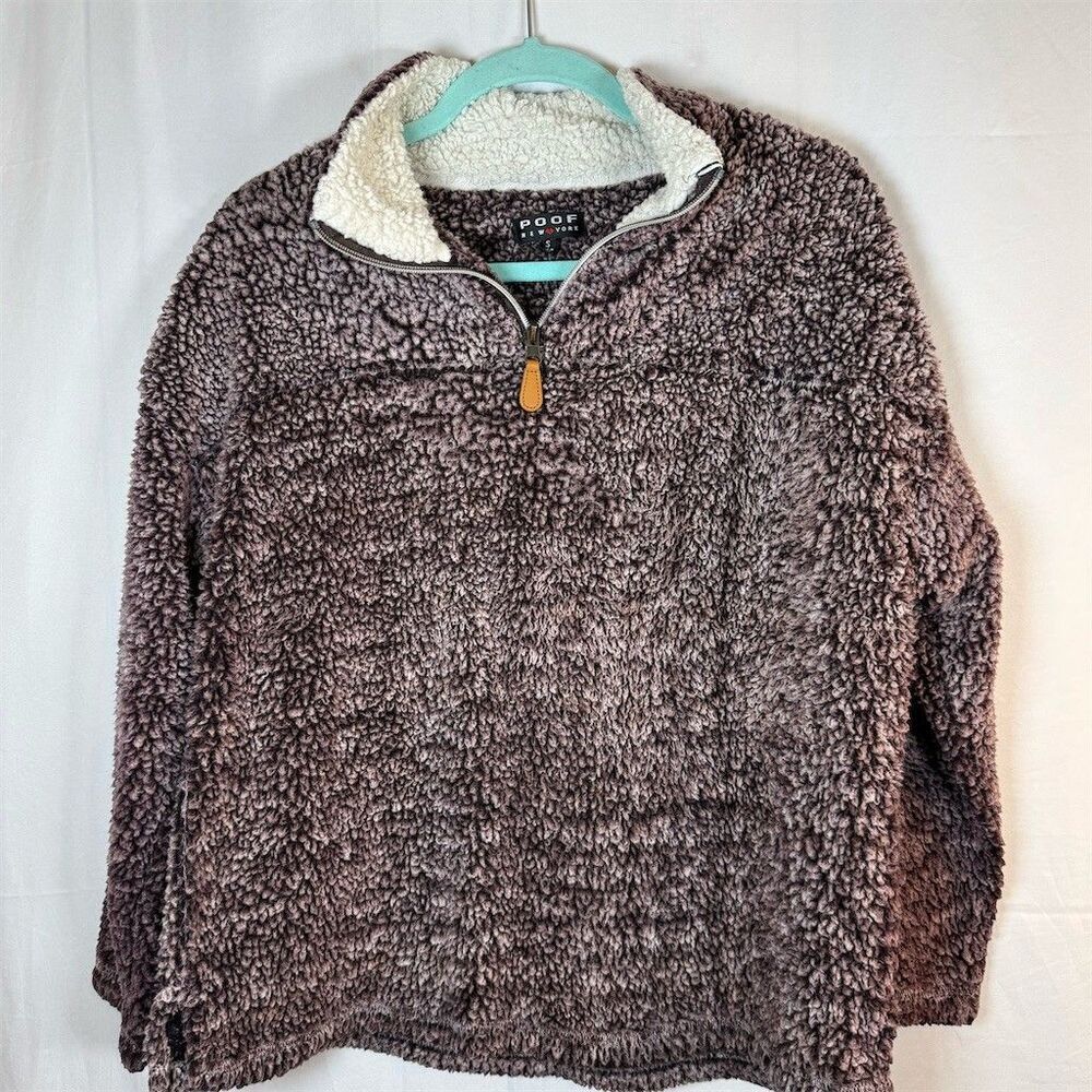 Poof New York Sweater Womens Size S Purple Taupe Sherpa Fleece 1/4 Zip